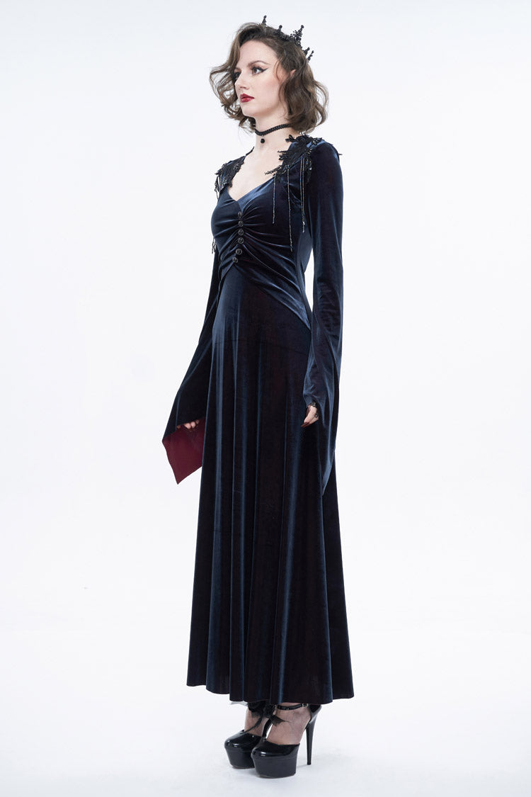 Black/Red Embroidered Fringe Flared Sleeve Long Women's Gothic Dress - Product - 3