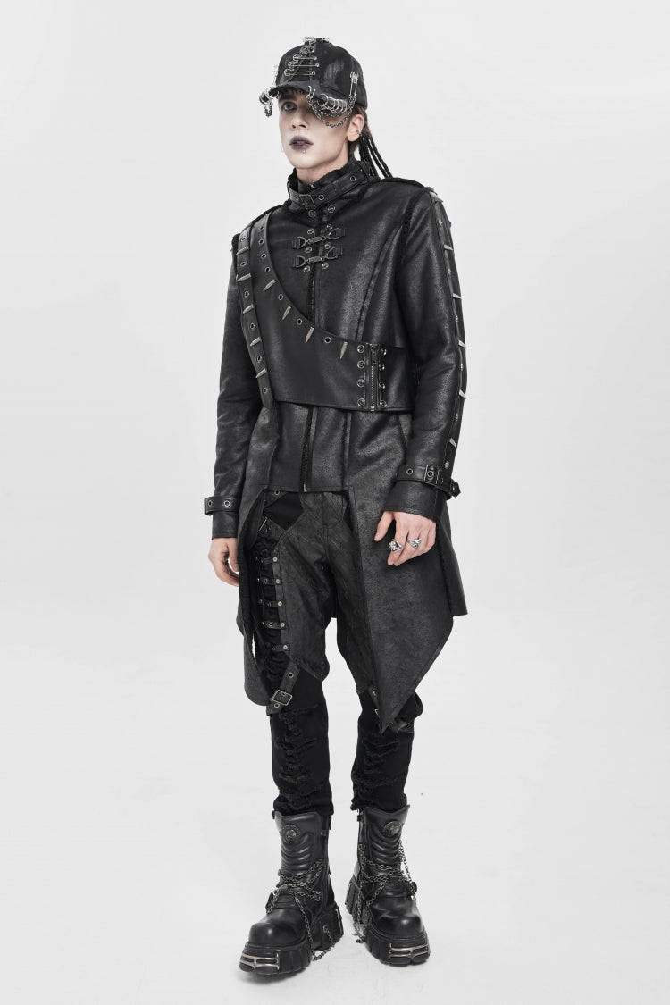 Black Stand Collar Rivet Buckle Zipper Men's Punk Coat - Black - 1