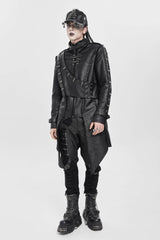 Black Stand Collar Rivet Buckle Zipper Men's Punk Coat - Black - 1