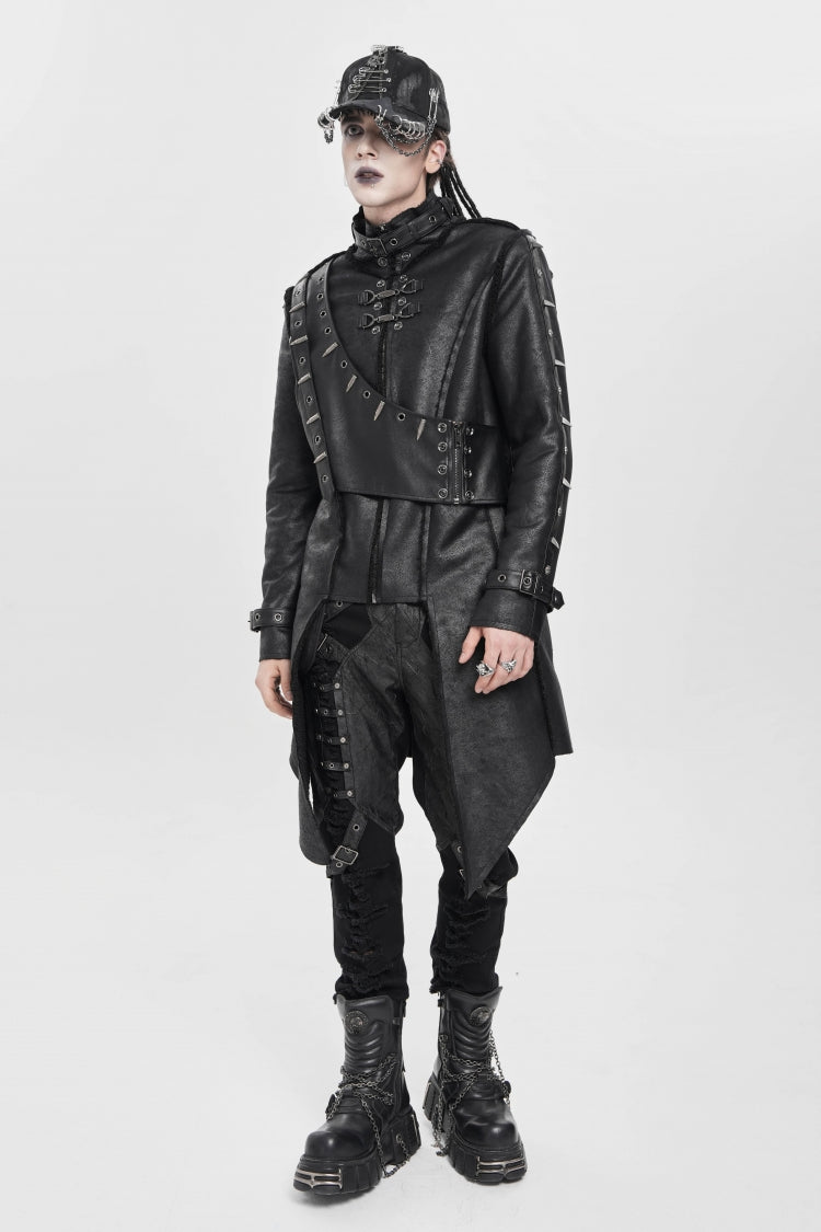 Black Stand Collar Rivet Buckle Zipper Men's Punk Coat - Black - 1