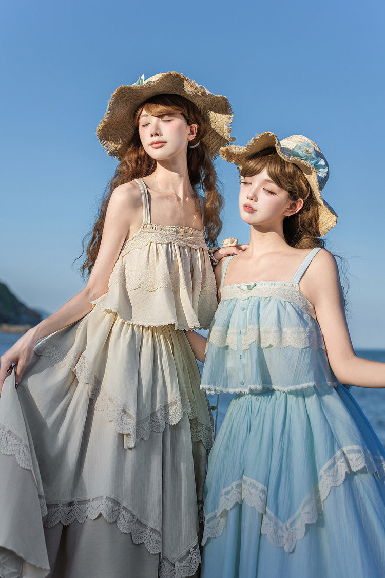 [Summer of Bluebells] Square Collar Sleeveless Jacquard Ruffled Asymmetric Sweet Lolita Skirt Set 2 Colors (Blue/Green, Ivory) - Product - 4