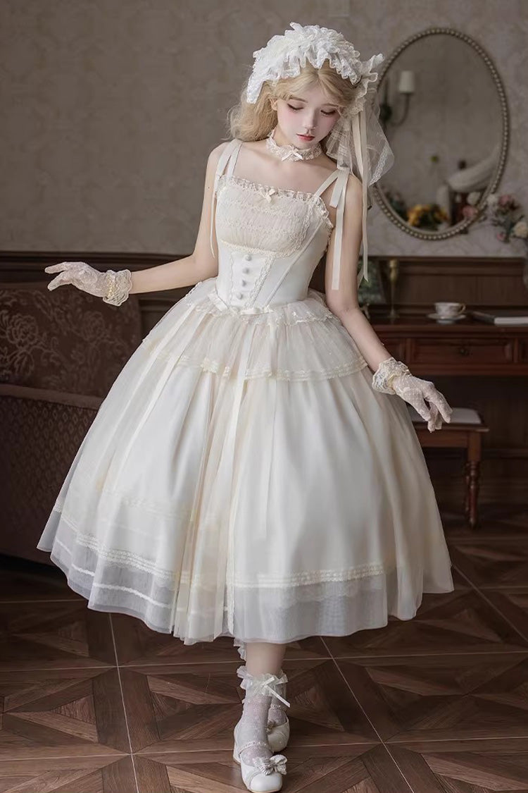 Ivory [Letters and Poems · Confession Poem] Square Collar Sleeveless Ruffled Bow Lace Fishbone Sweet Lolita Jsk Dress 2 Versions - Ivory(Long-Dress-Only) - 17