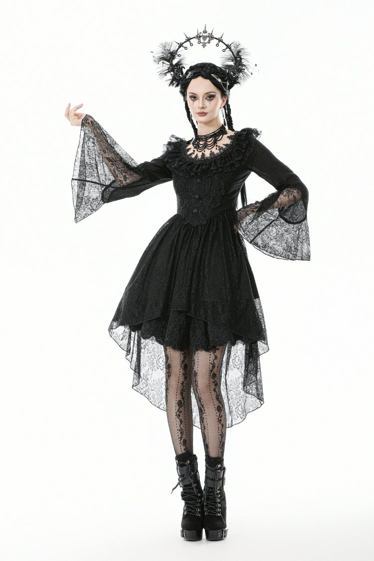 Black Lace Ruffled Boat Neck Long Trumpet Sleeves High-Low Hem Women's Gothic Dress - Product - 7