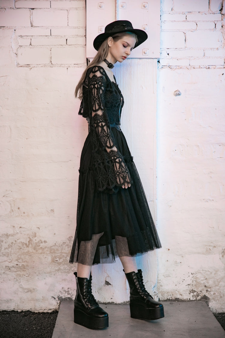 Black Metal Pendant Hollow Lace Lace-Up Women's Gothic Blouse - Product - 6