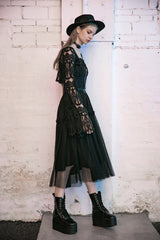 Black Metal Pendant Hollow Lace Lace-Up Women's Gothic Blouse - Product - 6