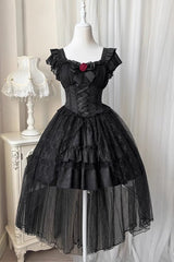 Black Short Sleeves Ruffle Rose Bowknot Elegant Princess Gothic Lolita Tiered Dress - Product - 4