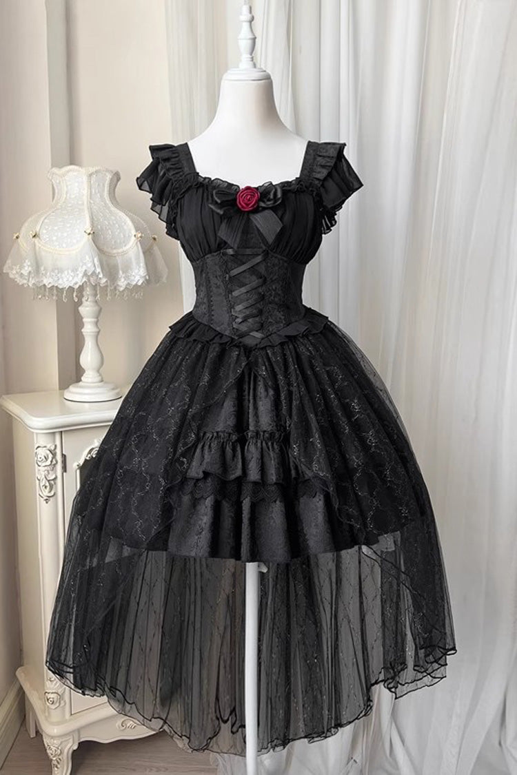 Black Short Sleeves Ruffle Rose Bowknot Elegant Princess Gothic Lolita Tiered Dress - Product - 4