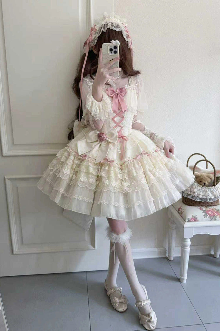 Apricot [Rose Canticle] Sleeveless Multi-Layered Bowknot Lace Lace-Up Pearl Ballet Sweet Lolita Jsk Dress - Product - 4