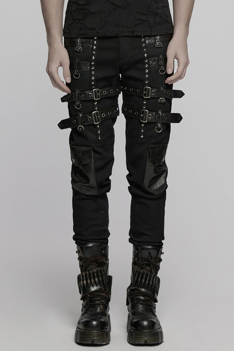 Black Stitching Mesh Buckle Straps Studded Men's Punk Pants - Black - 1