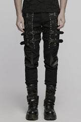 Black Stitching Mesh Buckle Straps Studded Men's Punk Pants - Black - 1