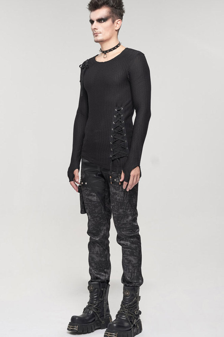 Black Gothic Asymmetry Drawstring Decoration Coarse Net Men's Shirt - Product - 5