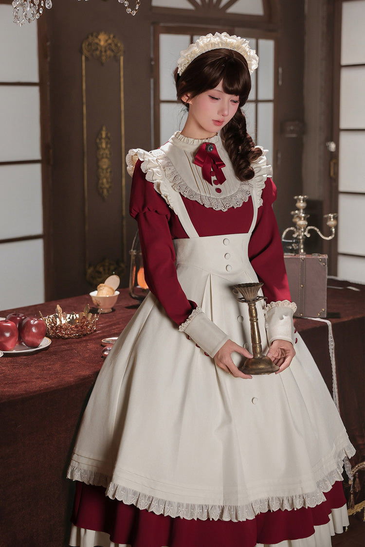 [Miss Lita] Stand Collar Long Lantern Sleeves Triple-Layered Ruffled Classic Elegant Maid Lolita Dress 2 Colors (Red, Black) - Product - 14