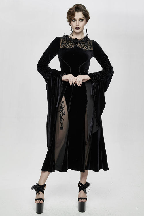 Black Flocking Pattern Trumpet Sleeve Sexy Womens Gothic Fitted Velvet Dress - Product - 2