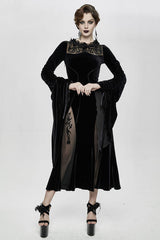 Black Flocking Pattern Trumpet Sleeve Sexy Womens Gothic Fitted Velvet Dress - Product - 2