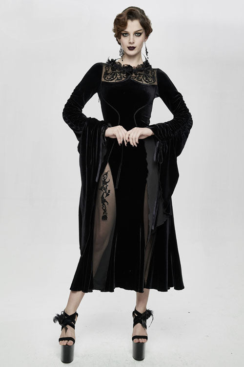 Black Flocking Pattern Trumpet Sleeve Sexy Womens Gothic Fitted Velvet Dress - Product - 2