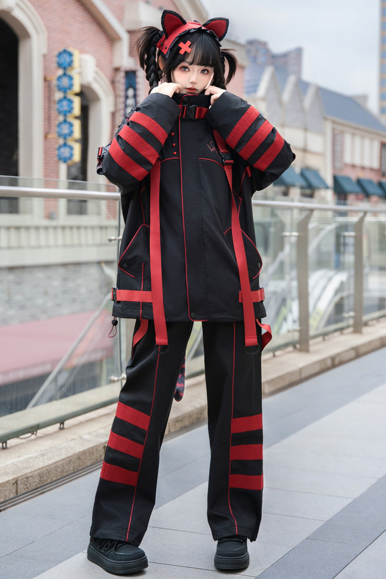 Black/Red Long Sleeves Print Cat Ears Hooded Jirai Kei Handsome Coat - Product - 5