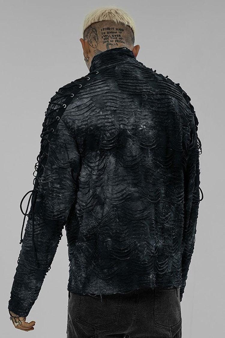 Black/Blue Punk Post Apocalyptic Turtleneck Tattered Tie Dye Print Lace Up Long Sleeve Men's T-Shirt - Product - 3
