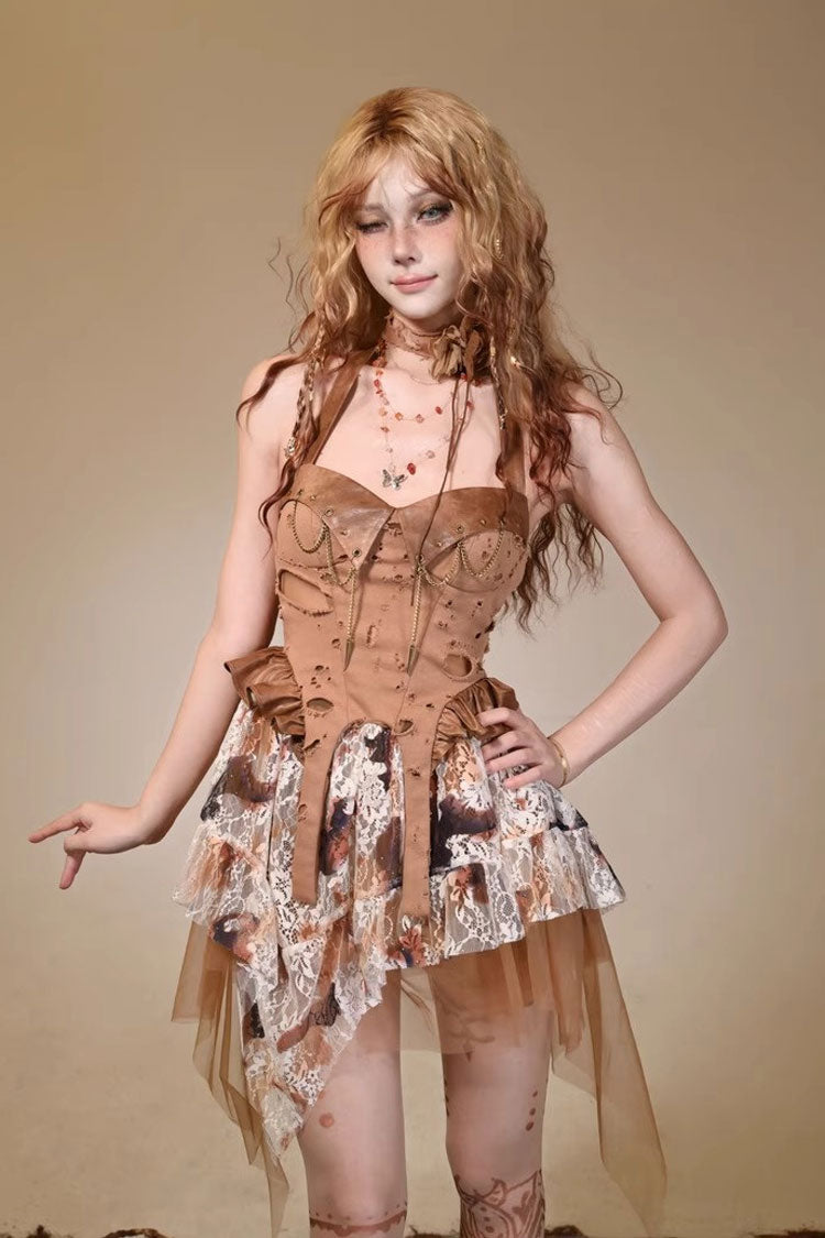 Brown Halterneck Sleeveless Lace Irregular Ripped Punk Vintage Jsk Dress - Brown - 1