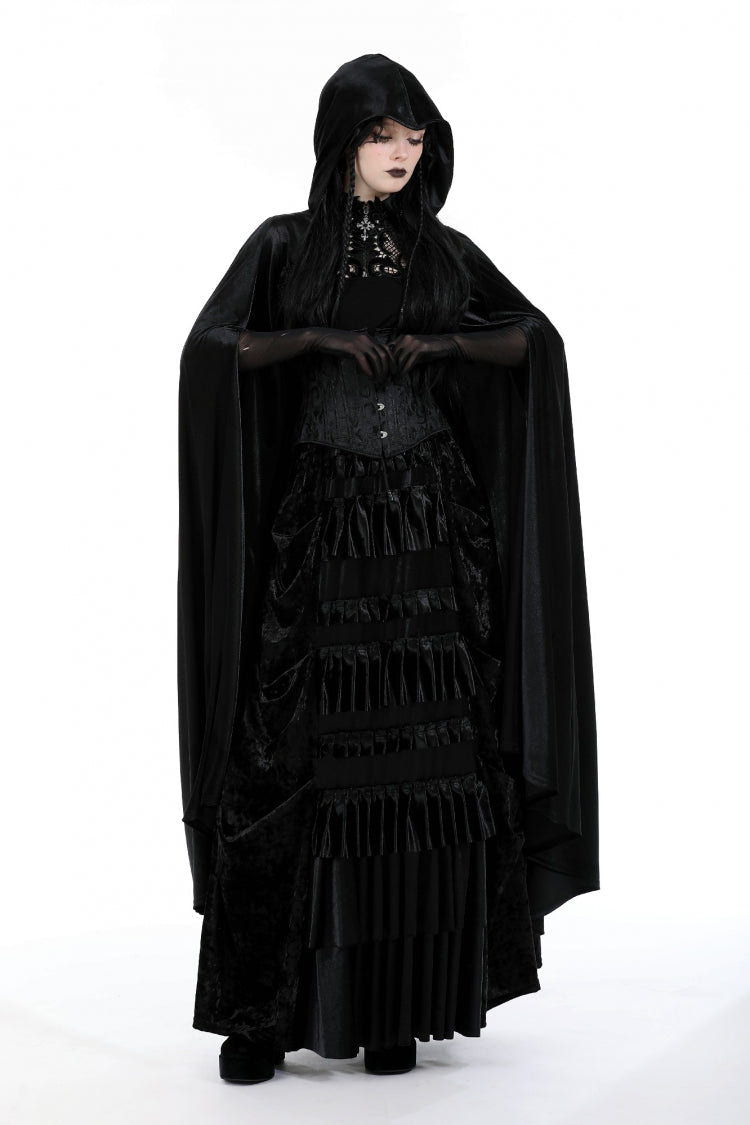 Black Cross Zippered Floral Embroidered Women's Gothic Cloak with Hood - Product - 8