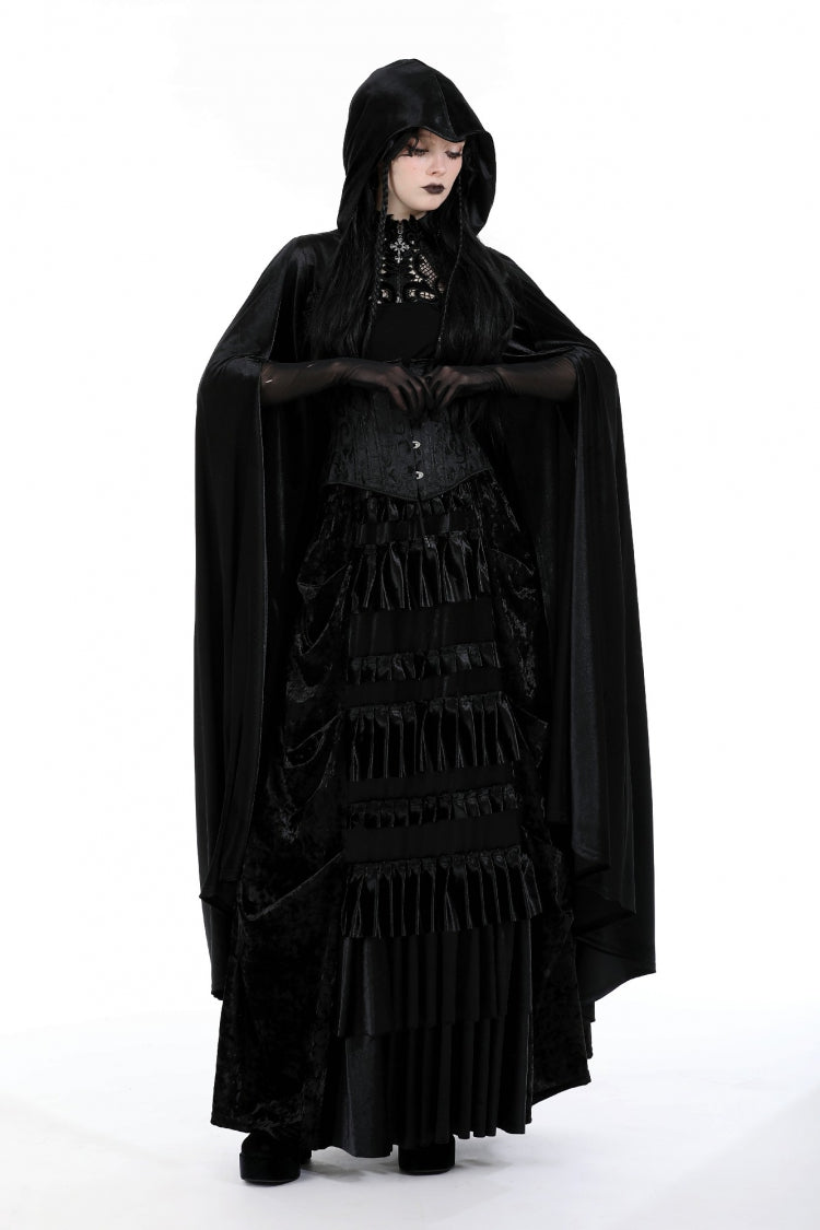 Black Cross Zippered Floral Embroidered Women's Gothic Cloak with Hood - Product - 8