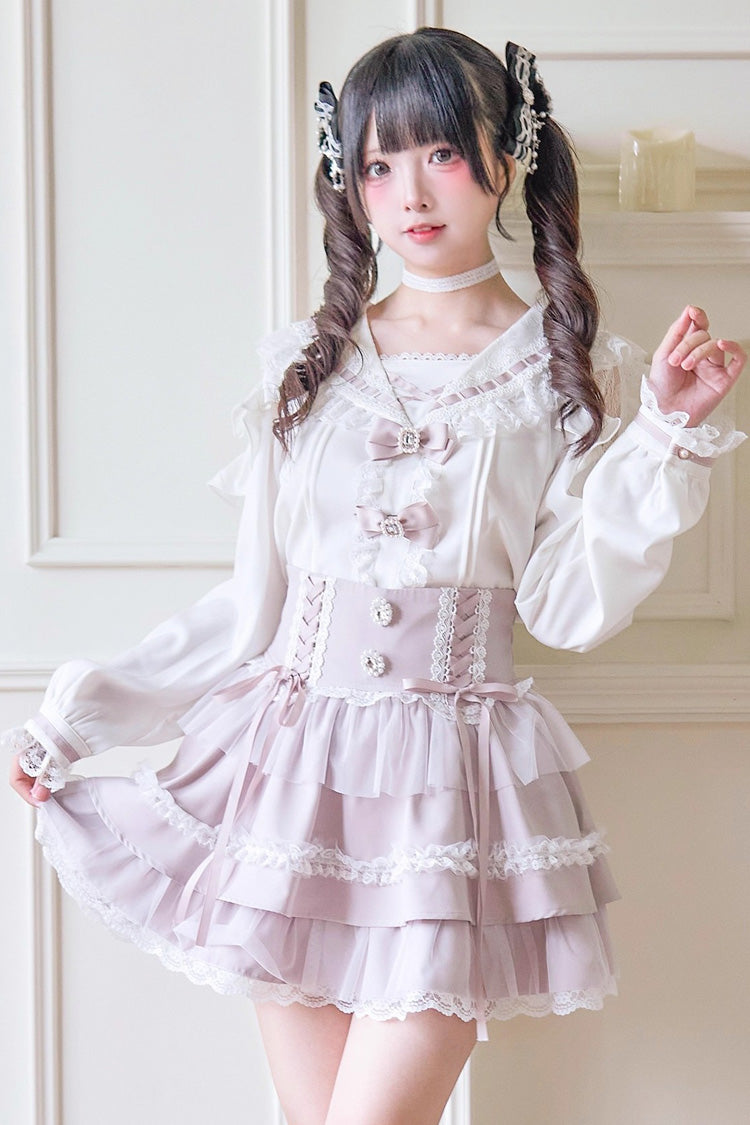 Sweet Print Ruffle Lace Lace-Up Jirai Kei Skirt 3 Colors - Pink - 1