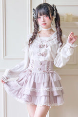 Sweet Print Ruffle Lace Lace-Up Jirai Kei Skirt 3 Colors - Pink - 1