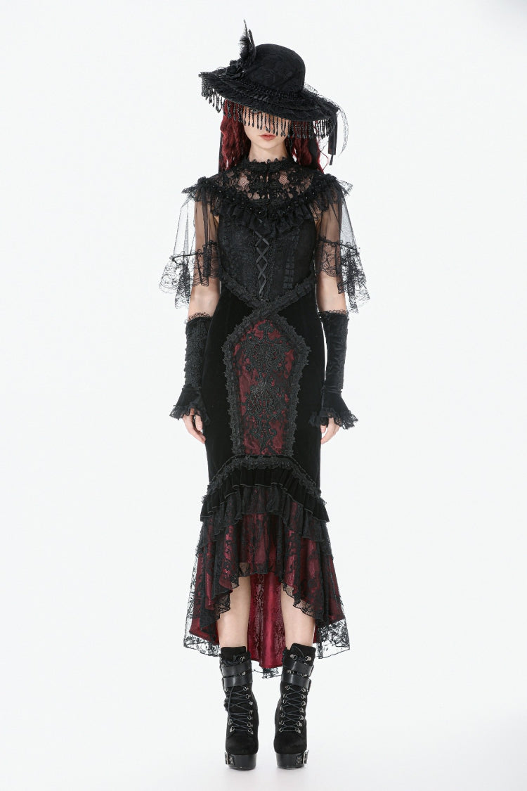 Black Sleeveless Ruffled Lace Spliced Mesh Women's Gothic Cape - Product - 9