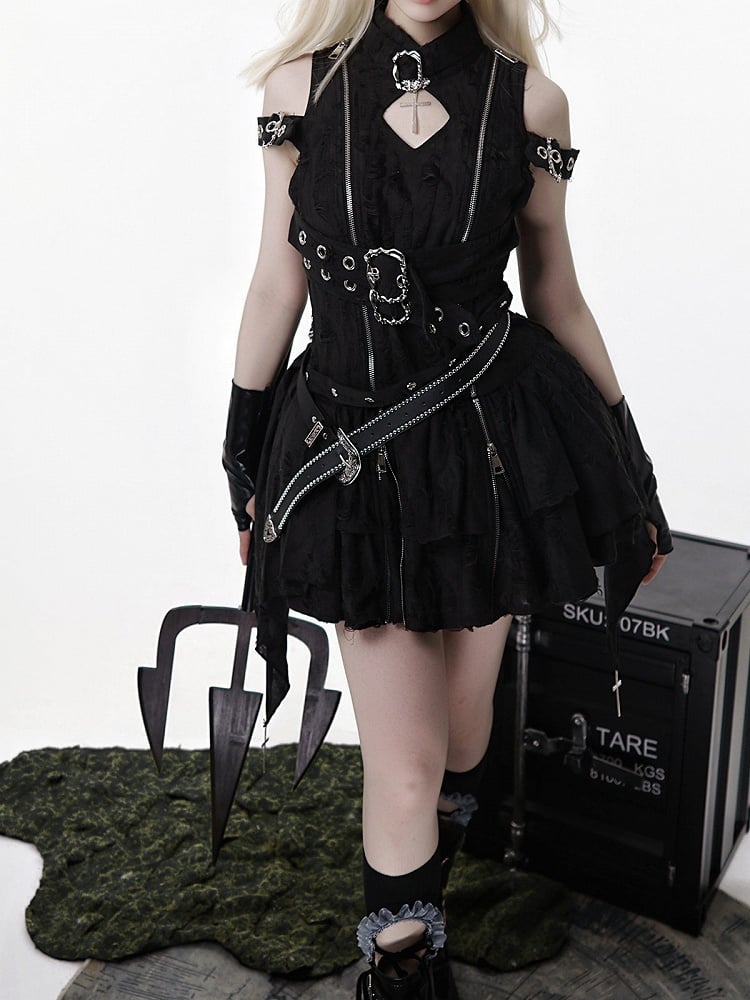 Black Gothic Metal Button Accent Asymmetric Hem Lolita Sleeveless Dress with Belt Set - view 12