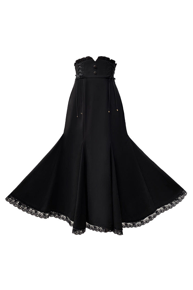 Black Ruffle Bowknot Slim Sweet Elegant Lolita Fishtail Skirt Dress - Product - 3