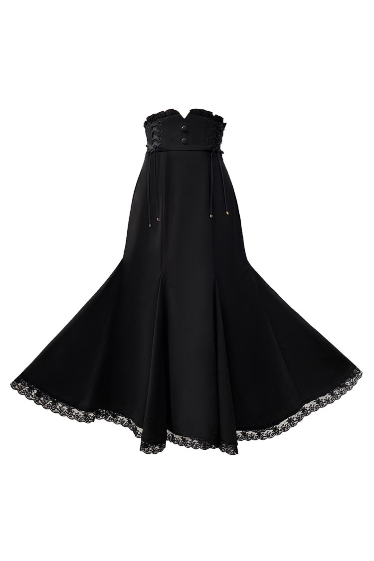 Black Ruffle Bowknot Slim Sweet Elegant Lolita Fishtail Skirt Dress - Product - 3