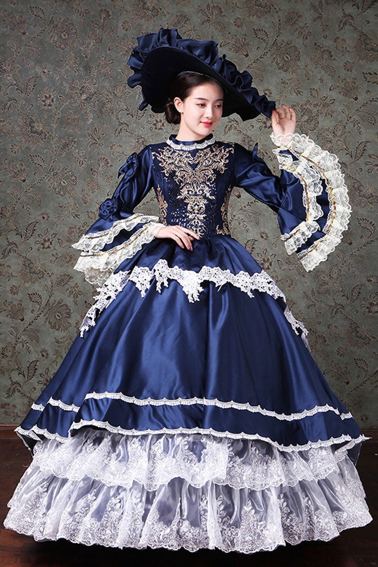Multi-Layer Trumpet Sleeves High Waisted Lace Stitching Embroidery Print Victorian Lolita Prom Dress - Product - 3