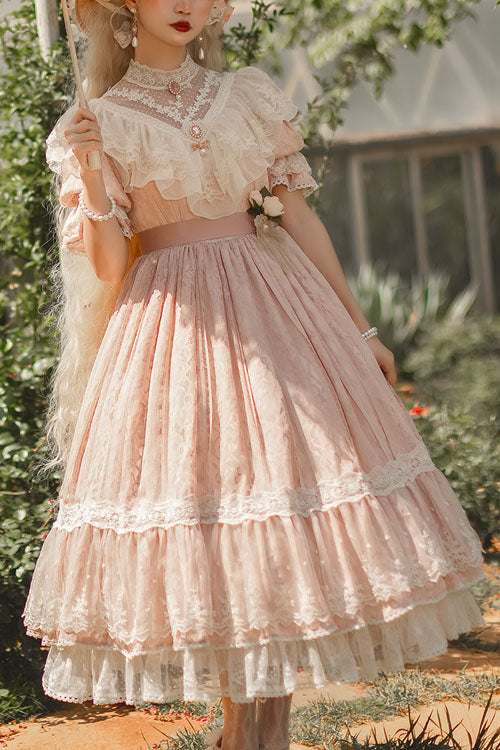 Elegant Vintage Rose Print Multi-Layer Ruffled Sweet Lolita OP Dress - Pink - 1