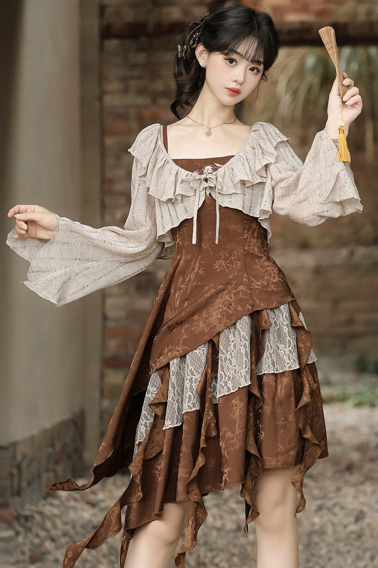 Brown [Dune Traveler] Printed Ruffled Spliced Asymmetric Punk Vintage Lolita Jsk Dress Set - Product - 9