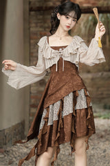 Brown [Dune Traveler] Printed Ruffled Spliced Asymmetric Punk Vintage Lolita Jsk Dress Set - Product - 9