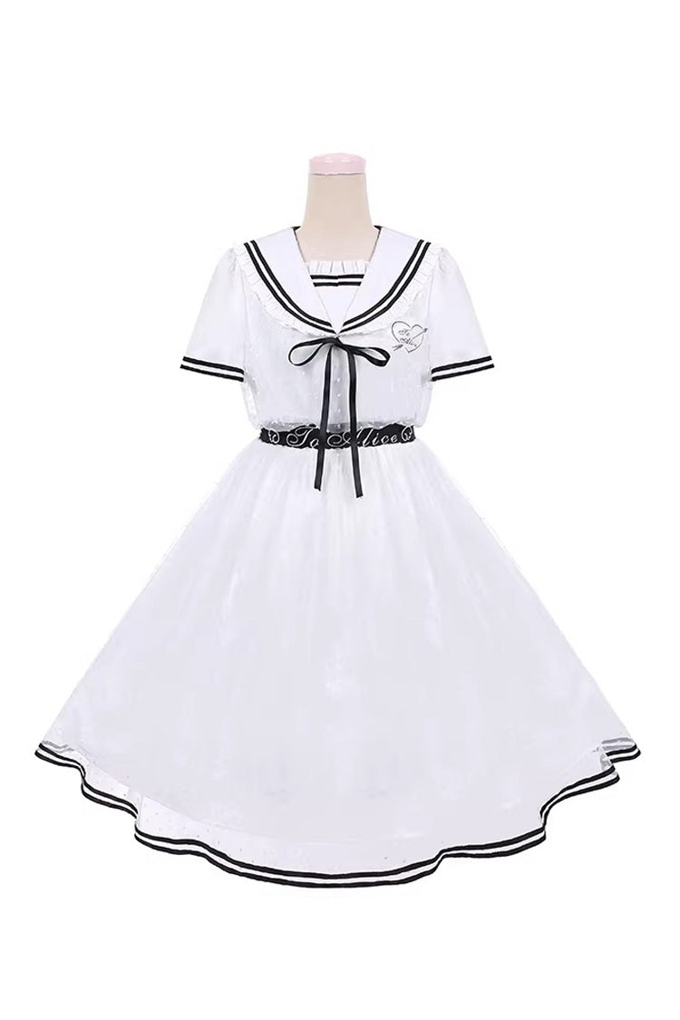 White [Seaside Sweetheart] Chiffon Navy Collar Short Sleeves Ruffled Lace-Up Slim Sailor Sweet Lolita Dress - Product - 3