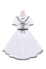 White [Seaside Sweetheart] Chiffon Navy Collar Short Sleeves Ruffled Lace-Up Slim Sailor Sweet Lolita Dress - Product - 3