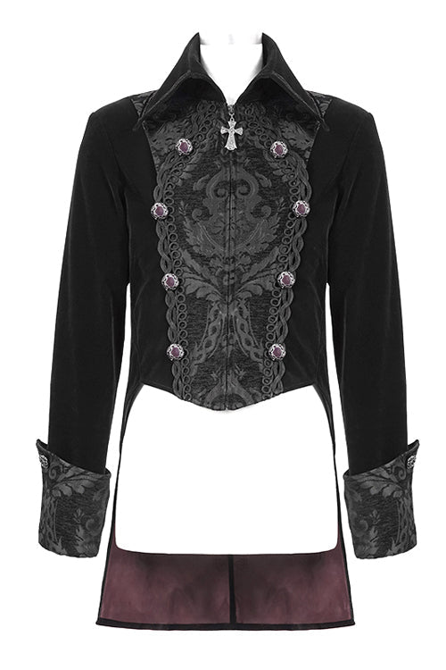 Black Court Pattern Lapel Collar Velvet Mens Gothic Coat - Product - 4
