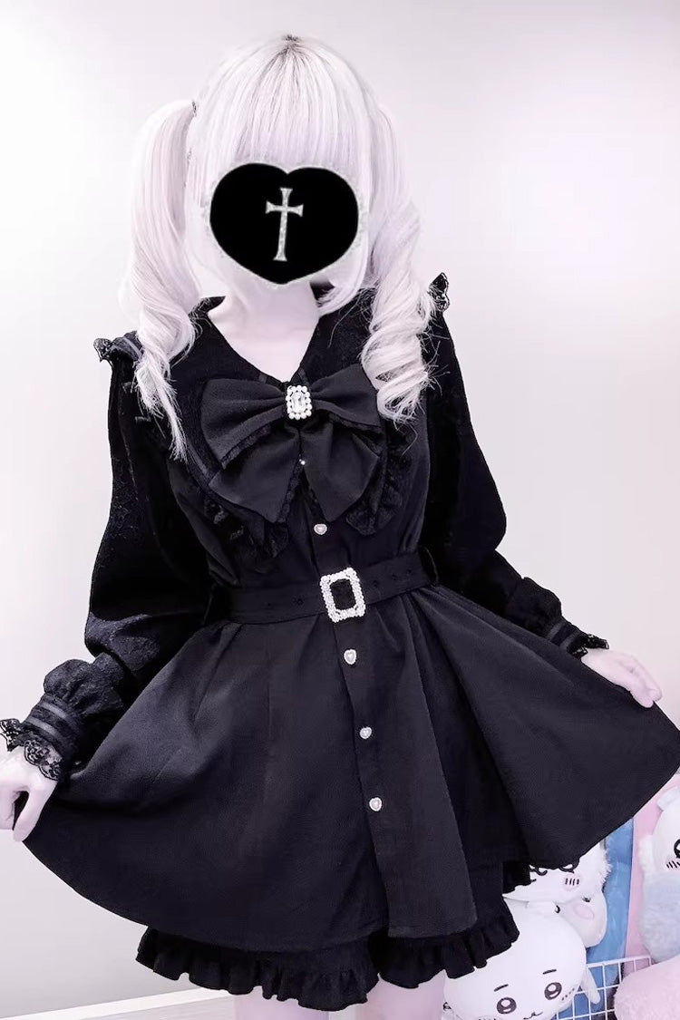 [Confession Fantasy] Lapel Collar Long Sleeves Printed Ruffled Bow Jirai Kei Japanese Dress Shorts 4 Colors - Black - 1