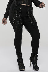 Black Elasticity Knitting Holes Design Cross Tied Rope Decoration Sexy Tight Women's Plus Size Punk Trousers - Black - 1