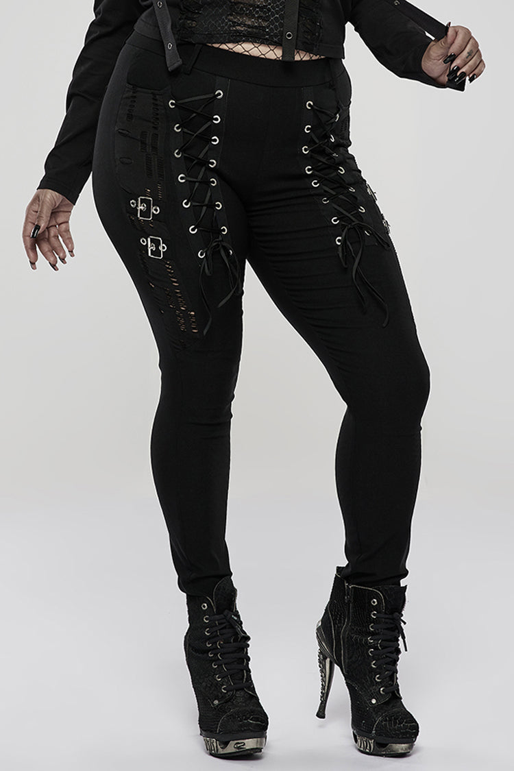 Black Elasticity Knitting Holes Design Cross Tied Rope Decoration Sexy Tight Women's Plus Size Punk Trousers - Black - 1