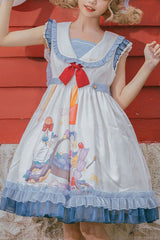 White/Blue Sailor Collar Delicious Food Print Ruffled Sweet Lolita Suspender Dress - White/Blue - 1