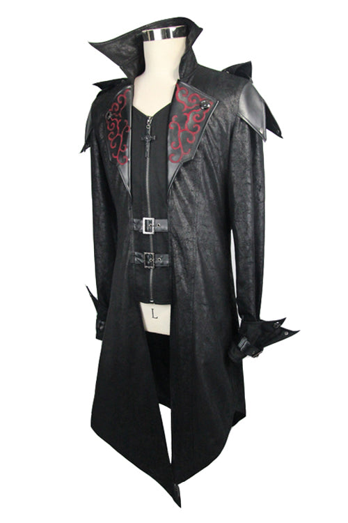 False Two Pieces Black Hooded Leather Long Mens Gothic Coats - Product - 6