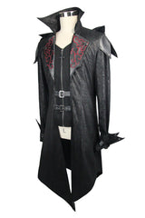 False Two Pieces Black Hooded Leather Long Mens Gothic Coats - Product - 6