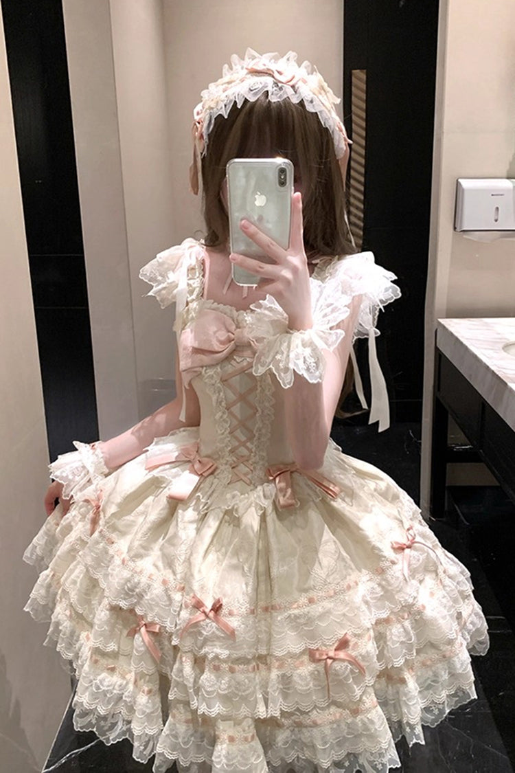 Apricot [Flora Isle Butterfly] Sleeveless Ruffle Bowknot Lace Lace-Up Sweet Elegant Lolita Jsk Dress - Product - 5