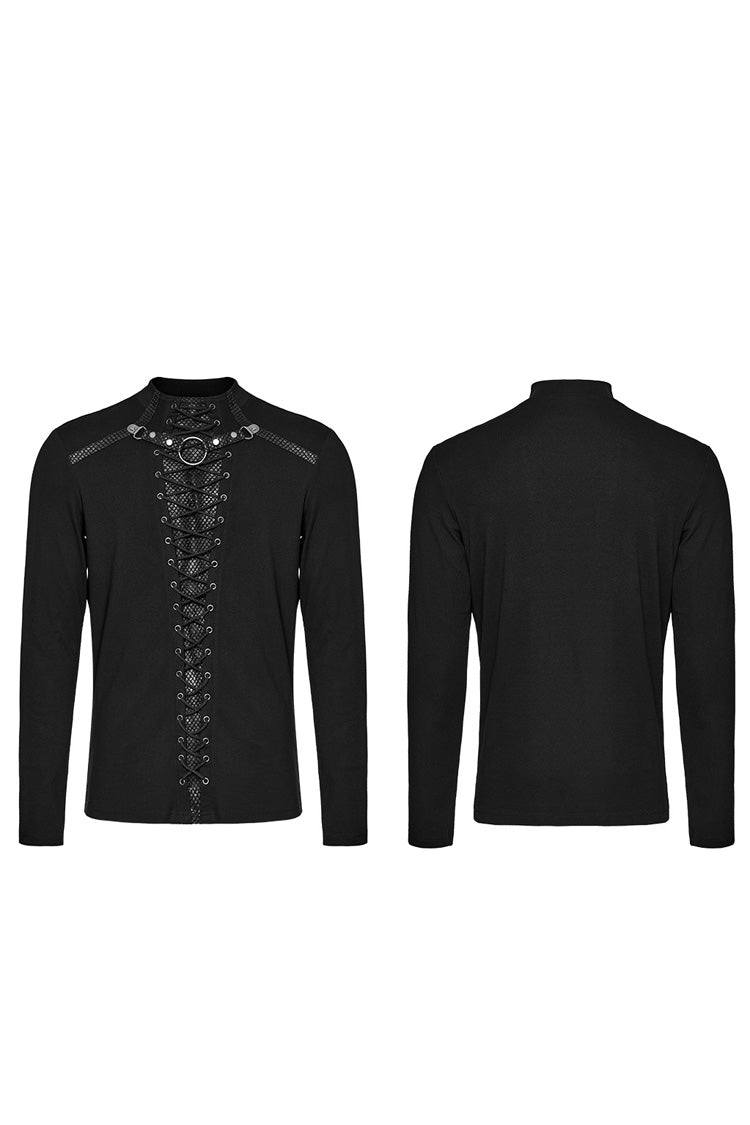 Black Long Sleeves Stitching Lace-Up Ripped Men's Punk Blouse - Product - 5