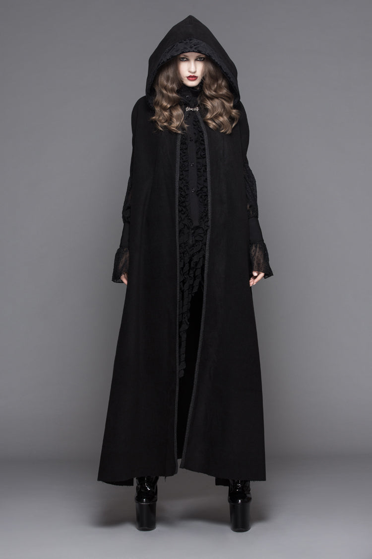 Black Detachable Feather 3D Ribbons Decorated Woollen Hooded Women's Gothic Cape - Product - 2