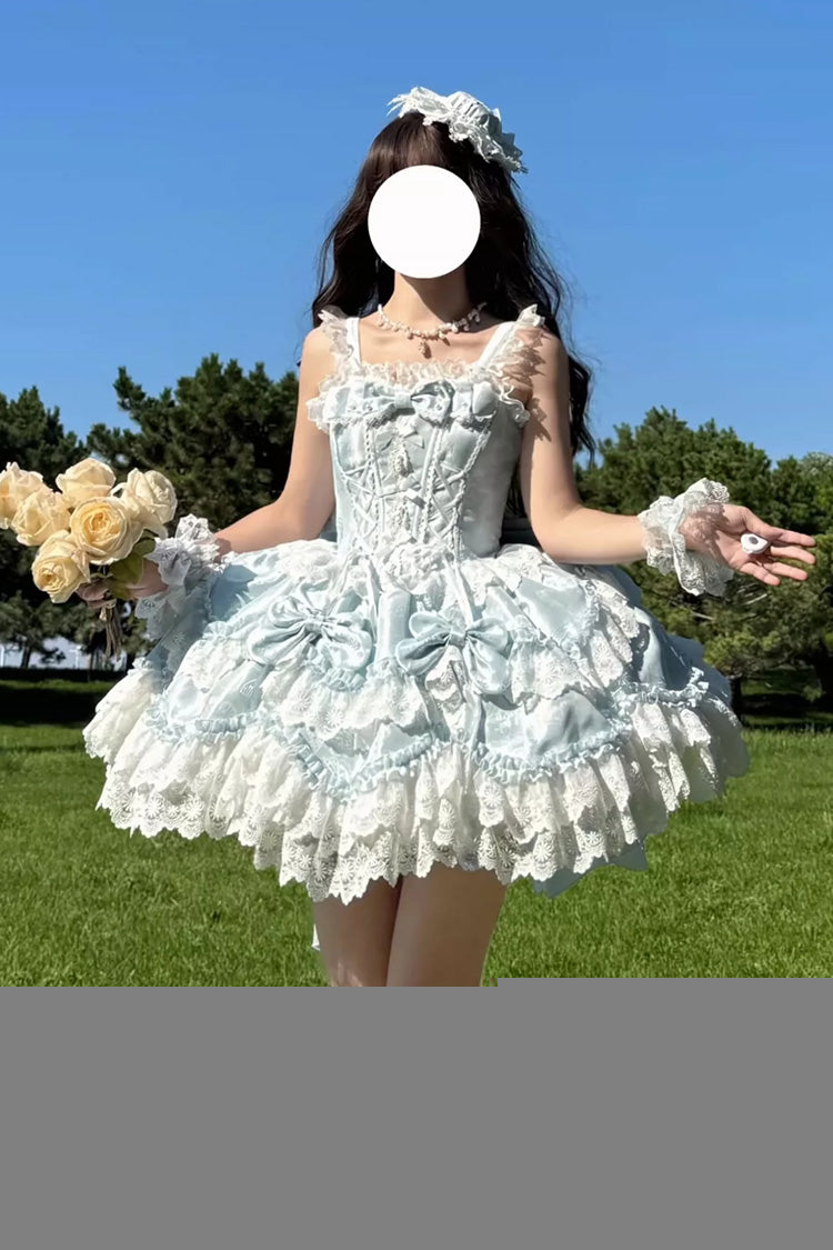 Blue [Realm of Sea Moon] Square Collar Sleeveless Multi-Layered Jacquard Ruffled Bow Lace Lace-Up Sweet Lolita Jsk Dress - Product - 2
