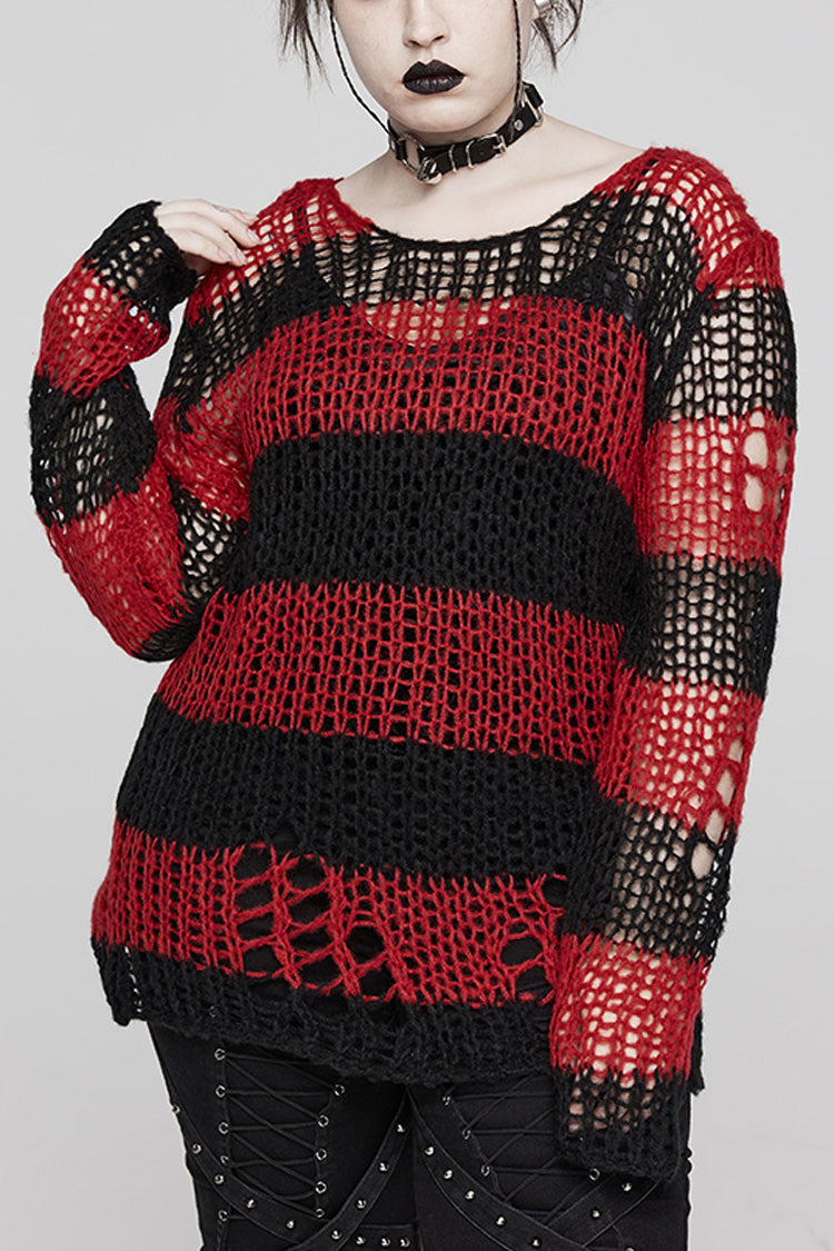 Round Collar Striped Print Irregular Ripped Women's Gothic Sweater 4 Colors - Black/Red - 25