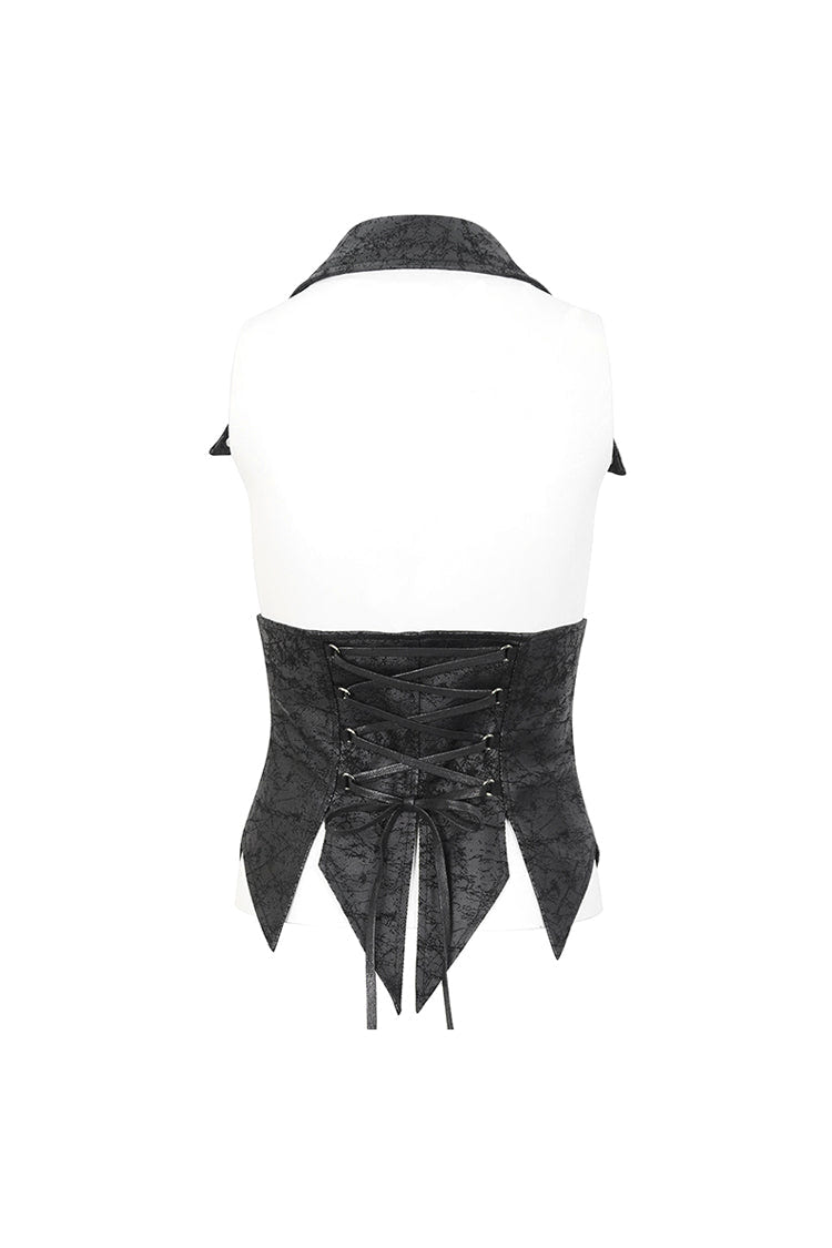 Black Irregular Lace Up Women's Gothic Vest With Detachable Collar - Product - 9