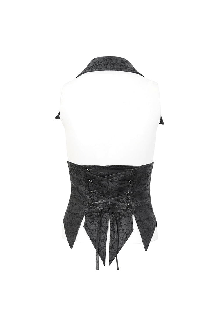 Black Irregular Lace Up Women's Gothic Vest With Detachable Collar - Product - 9